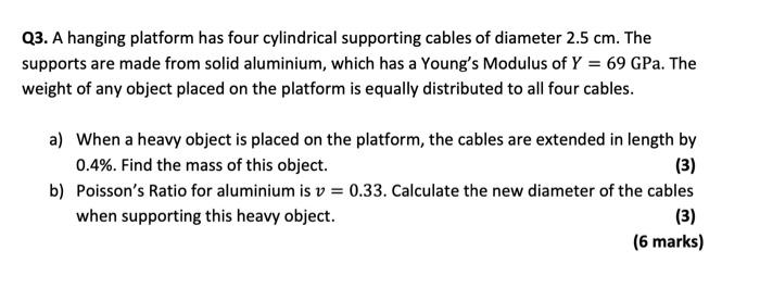 Q3 A Hanging Platform Has Four Cylindrical Supporting Cables Of Diameter 2 5 Cm The Supports Are Made From Solid Alumi 1