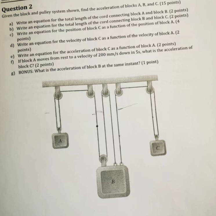 Question 2 Given The Block And Pulley System Shown Find The Acceleration Of Blocks A B And C 15 Points A Write An 1