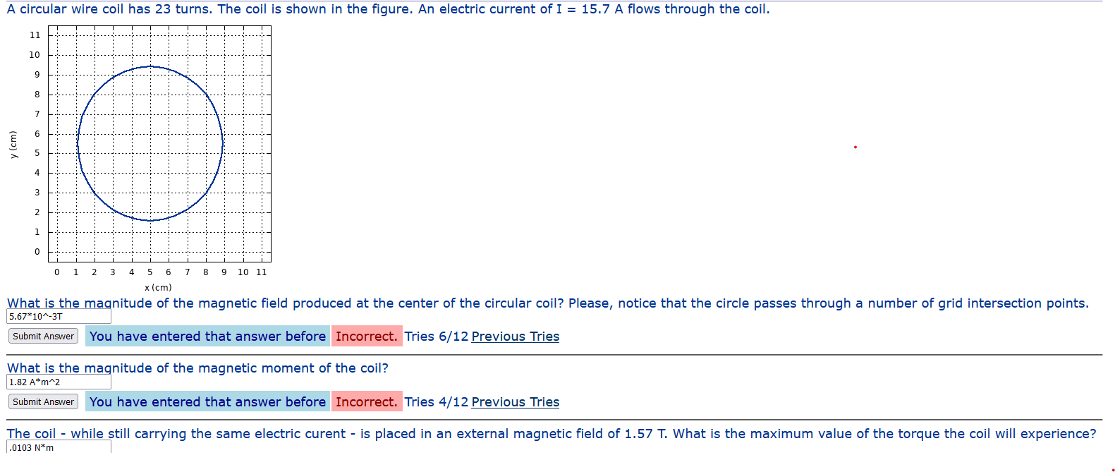 A Circular Wire Coil Has 23 Turns The Coil Is Shown In The Figure An Electric Current Of I 15 7 A Flows Through The 1