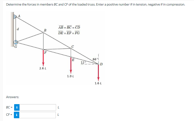 Determine The Forces In Members Bc And Cf Of The Loaded Truss Enter A Positive Number If In Tension Negative If In Com 1