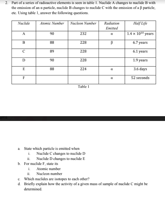 2 Part Of A Series Of Radioactive Elements Is Seen In Table 1 Nuclide A Changes To Nuclide B With The Emission Of An A 1