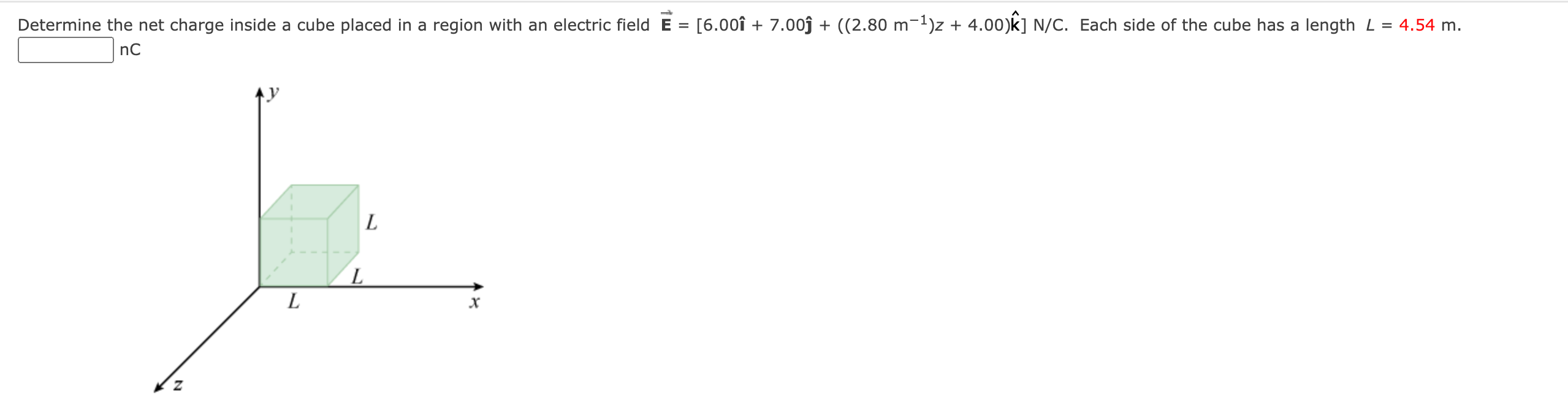 Determine The Net Charge Inside A Cube Placed In A Region With An Electric Field E 6 001 7 00j 2 80 M Z 4 0 1