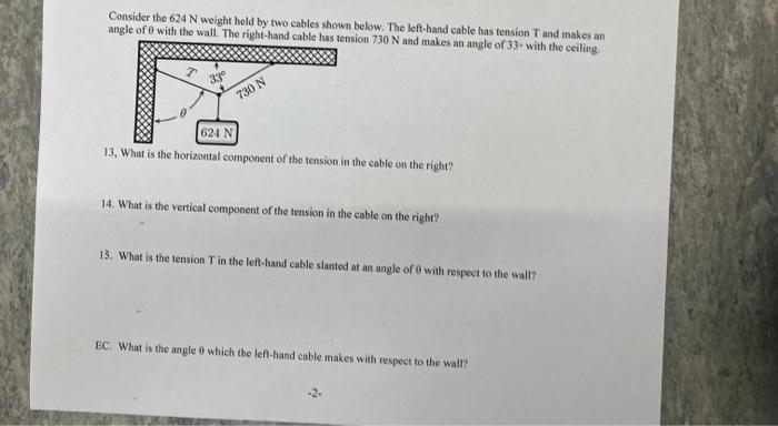 Consider The 624 N Weight Held By Two Cables Shown Below The Left Hand Cable Has Tension T And Makes An Angle Of 0 With 1
