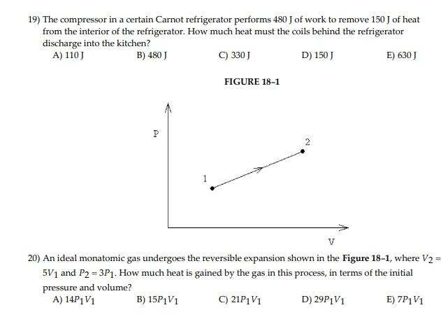 19 The Compressor In A Certain Carnot Refrigerator Performs 480 J Of Work To Remove 150 J Of Heat From The Interior Of 1