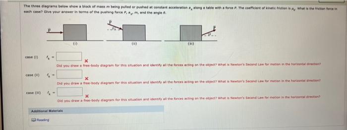 The Three Diagrams Below Show A Block Of Mass M Being Pulled Or Pushed At Constant Acceleration A Along A Table With A 1