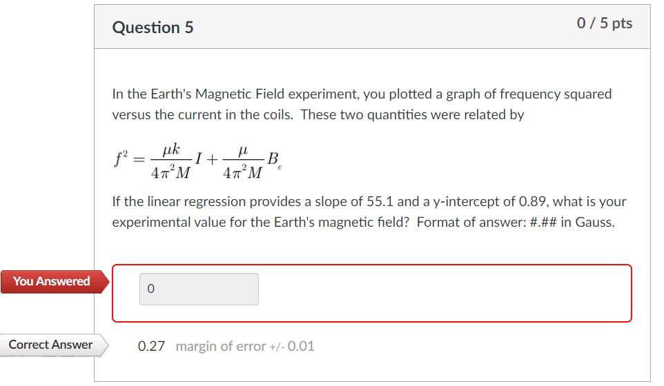 You Answered Correct Answer Question 5 In The Earth S Magnetic Field Experiment You Plotted A Graph Of Frequency Square 1