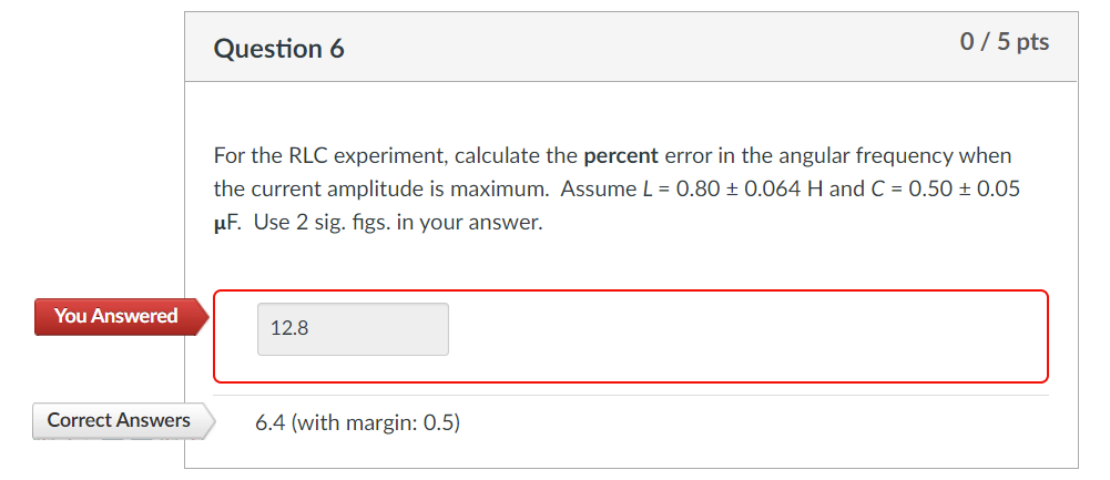 You Answered Correct Answers Question 6 For The Rlc Experiment Calculate The Percent Error In The Angular Frequency Whe 1
