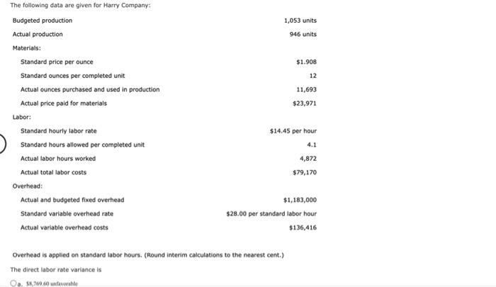 1 053 Units 946 Units 1 908 12 11 693 23 971 The Following Data Are Given For Harry Company Budgeted Production Actua 1
