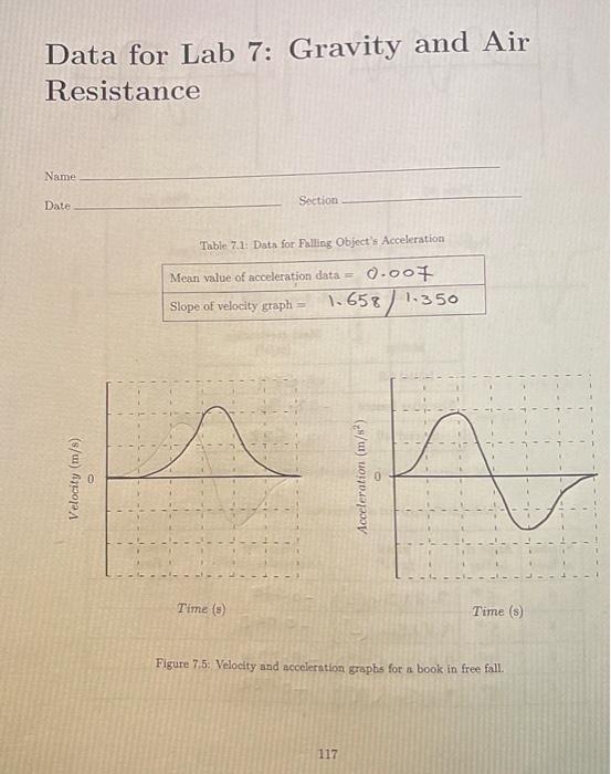 Data For Lab 7 Gravity And Air Resistance Name Date Velocity M S Section Table 7 1 Data For Falling Object S Acceler 1