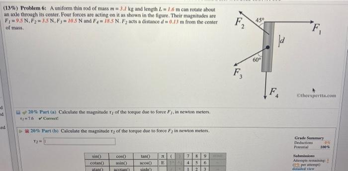 13 Problem 6 A Uniform Thin Rod Of Mass M 3 1 Kg And Length L 1 6 M Can Rotate About An Axle Through Its Center Fo 1