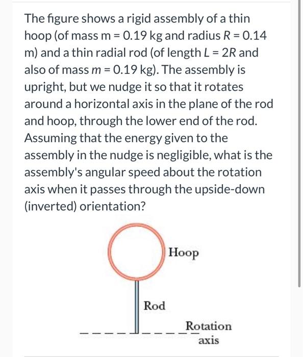 The Figure Shows A Rigid Assembly Of A Thin Hoop Of Mass M 0 19 Kg And Radius R 0 14 M And A Thin Radial Rod Of L 1