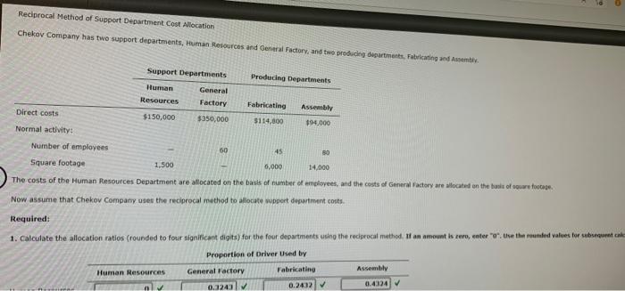 Reciprocal Method Of Support Department Cost Allocation Chekov Company Has Two Support Departments Human Resources And 1