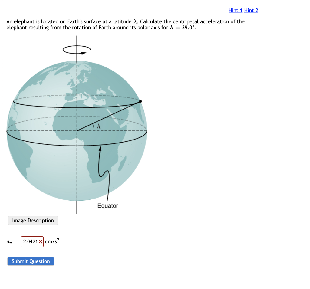 Hint 1 Hint 2 An Elephant Is Located On Earth S Surface At A Latitude X Calculate The Centripetal Acceleration Of The E 1