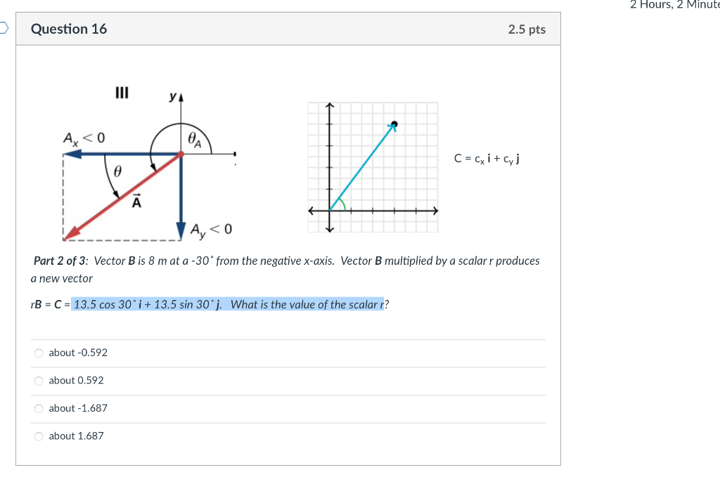 Question 16 0 O About 0 592 O About 0 592 About 1 687 0 About 1 687 A Ya Oa A 0 Part 2 Of 3 Vector B Is 8 M At A 3 1