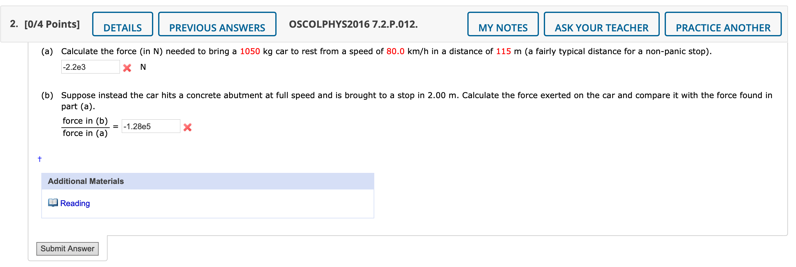 2 0 4 Points Details Additional Materials Reading Previous Answers Submit Answer A Calculate The Force In N Nee 1