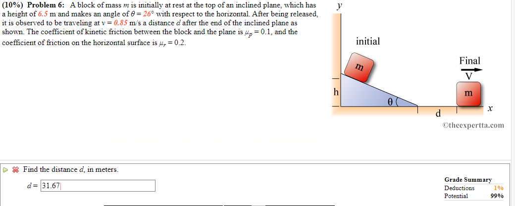 10 Problem 6 A Block Of Mass M Is Initially At Rest At The Top Of An Inclined Plane Which Has A Height Of 6 5 M And 1