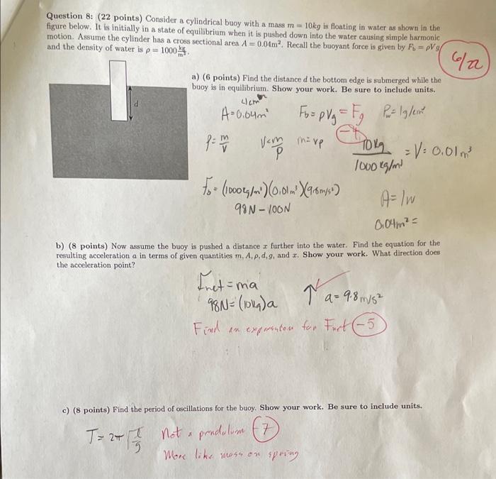Question 8 22 Points Consider A Cylindrical Buoy With A Mass M 10kg Is Floating In Water As Shown In The Figure Belo 1
