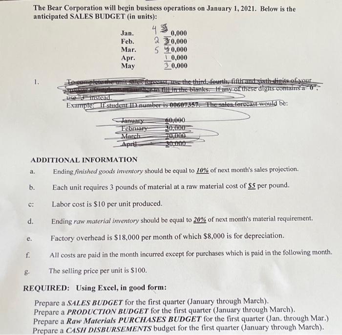 The Bear Corporation Will Begin Business Operations On January 1 2021 Below Is The Anticipated Sales Budget In Units 1