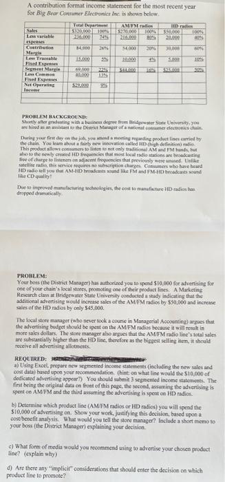 A Contribution Format Income Statement For The Most Recent Year For Big Bear Comer Electronics Inc Is Shown Below Tel D 1