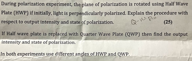 During Polarization Experiment The Plane Of Polarization Is Rotated Using Half Wave Plate Hwp If Initially Light Is 1