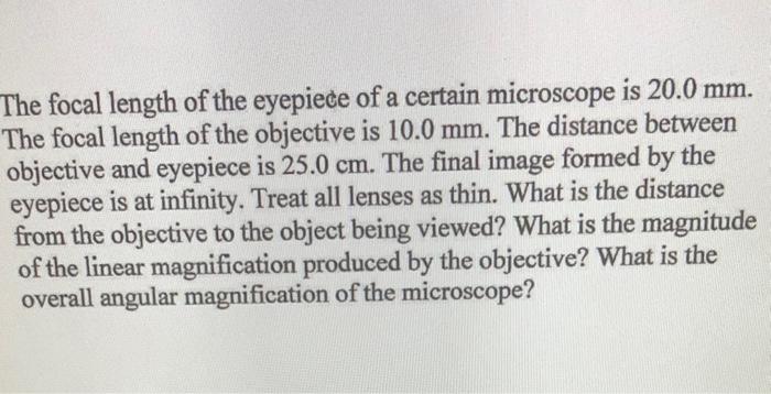 The Focal Length Of The Eyepiece Of A Certain Microscope Is 20 0 Mm The Focal Length Of The Objective Is 10 0 Mm The D 1