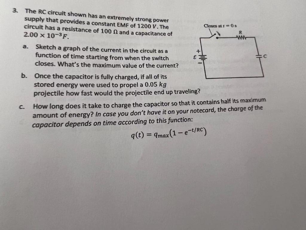 3 The Rc Circuit Shown Has An Extremely Strong Power Supply That Provides A Constant Emf Of 1200 V The Circuit Has A R 1