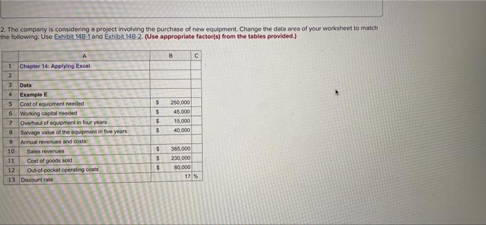2 The Company Is Considering A Project Involving The Purchase Of New Equipment Change The Data Area Of Your Worksheet T 1