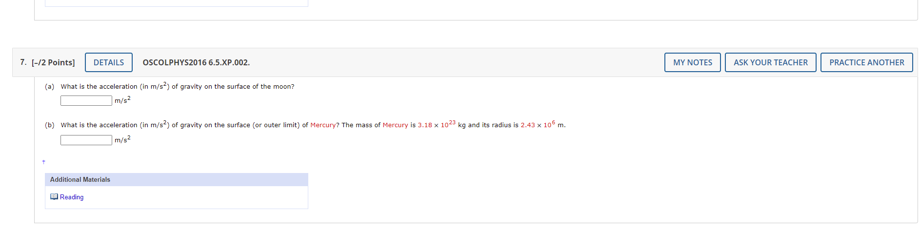 7 2 Points Details A What Is The Acceleration In M S Of Gravity On The Surface Of The Moon M S Oscolphys2016 1