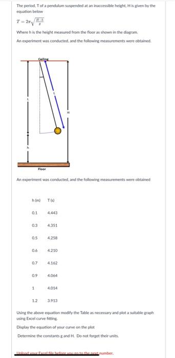 The Period Of A Pendulum Suspended At An Inaccessible Height His Given By The Equation Below T 2 Where His The Heigh 1