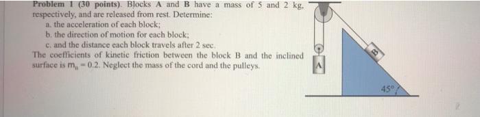 Problem 1 30 Points Blocks A And B Have A Mass Of 5 And 2 Kg Respectively And Are Released From Rest Determine A 1