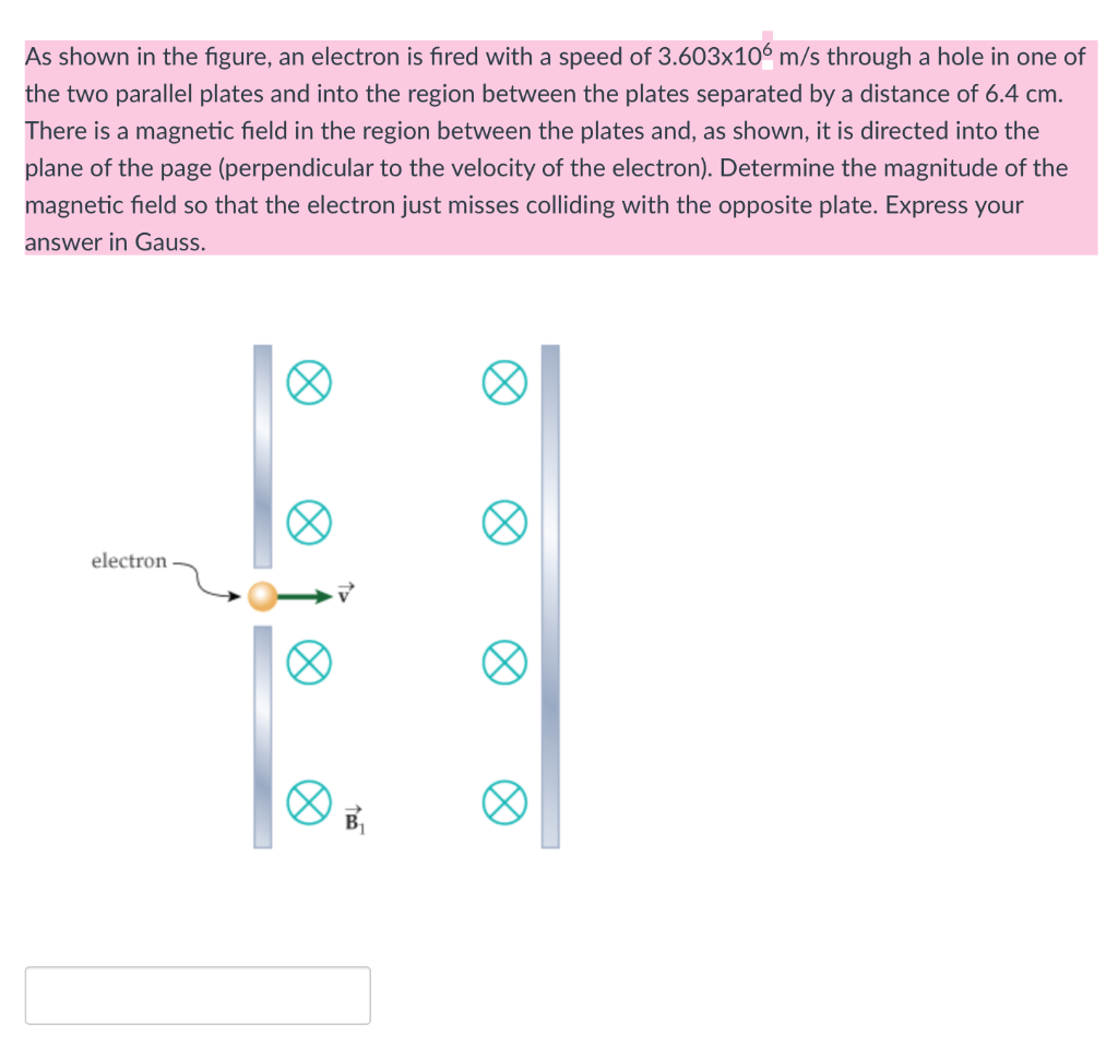 As Shown In The Figure An Electron Is Fired With A Speed Of 3 603x106 M S Through A Hole In One Of The Two Parallel Pla 1