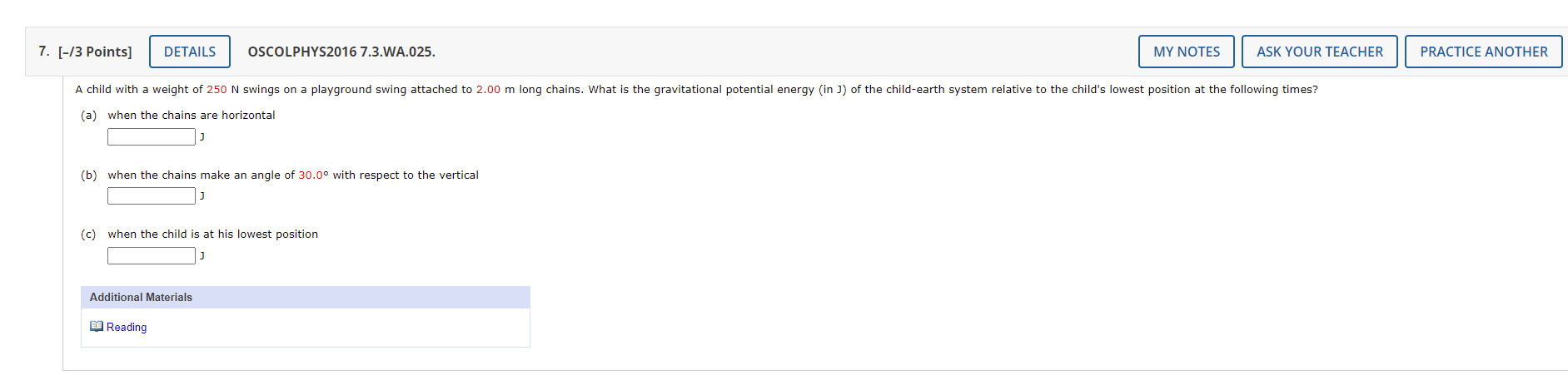 7 3 Points A Child With A Weight Of 250 N Swings On A Playground Swing Attached To 2 00 M Long Chains What Is The 1
