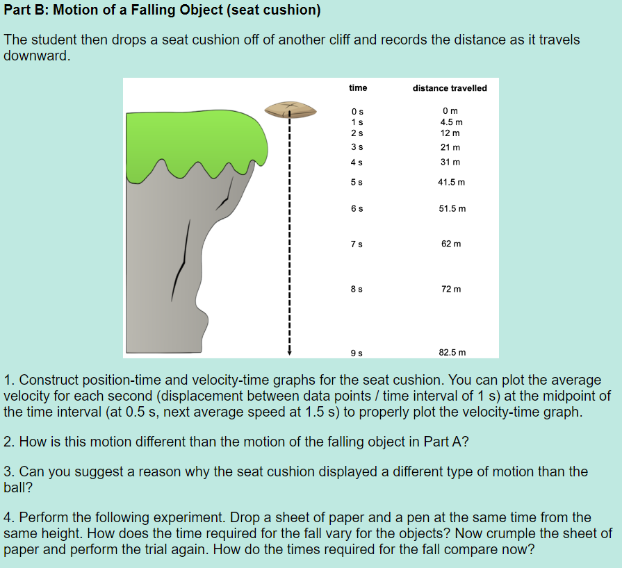 Part B Motion Of A Falling Object Seat Cushion The Student Then Drops A Seat Cushion Off Of Another Cliff And Records 1