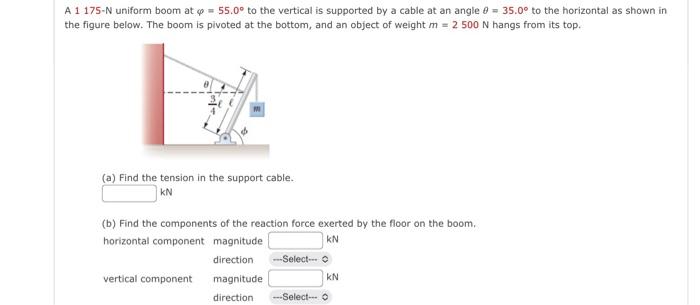 A 1 175 N Uniform Boom At 55 0 To The Vertical Is Supported By A Cable At An Angle 35 0 To The Horizontal As Shown 1