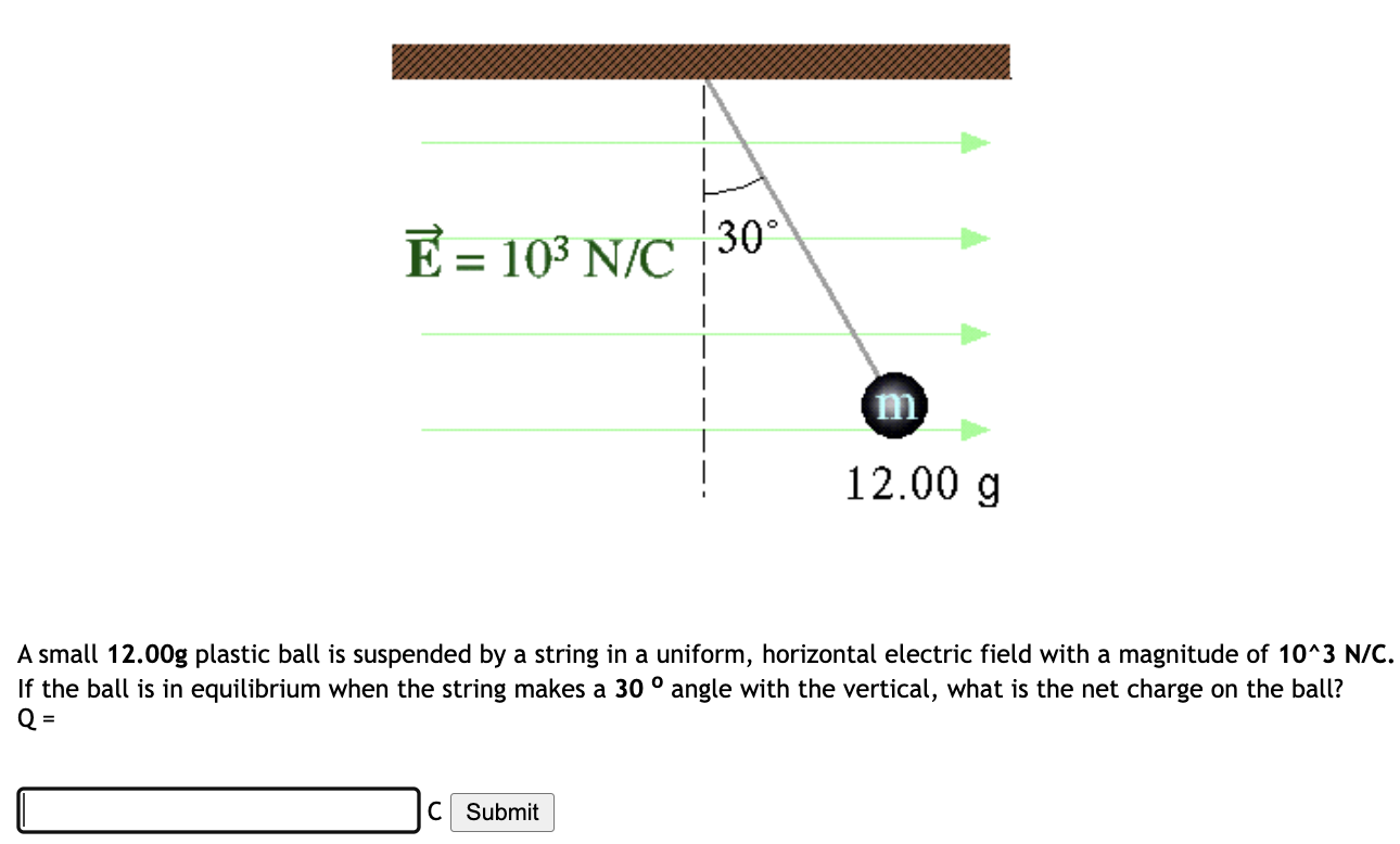 E 10 N C 30 C Submit M 12 00 G A Small 12 00g Plastic Ball Is Suspended By A String In A Uniform Horizontal Electri 1