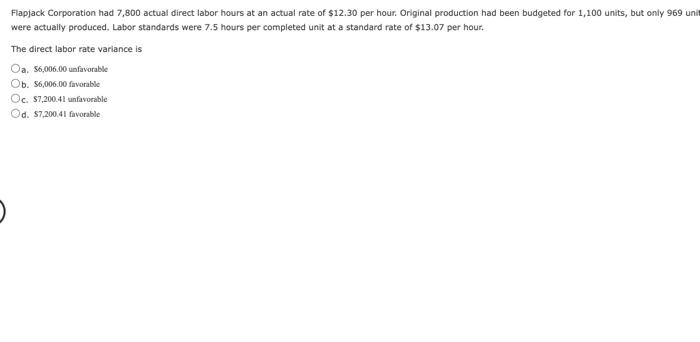 Flapjack Corporation Had 7 800 Actual Direct Labor Hours At An Actual Rate Of 12 30 Per Hour Original Production Had B 1