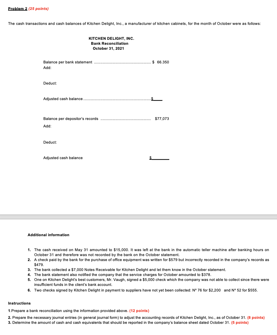 Problem 2 25 Points The Cash Transactions And Cash Balances Of Kitchen Delight Inc A Manufacturer Of Kitchen Cabine 1