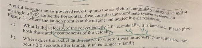 A Child Launches An Air Powered Rocket Up Into The Air Giving It An Initial Velocity Of 15 M S At An Angle Of 709 Above 1
