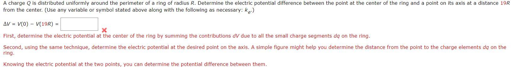 A Charge Q Is Distributed Uniformly Around The Perimeter Of A Ring Of Radius R Determine The Electric Potential Differe 1