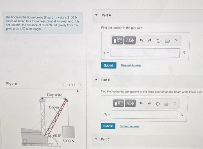 The Boom In The Figure Below Eigure 1 Weighs 2100 N And Is Attached To A Frictionless Pivot At Its Lower End It Is No 1
