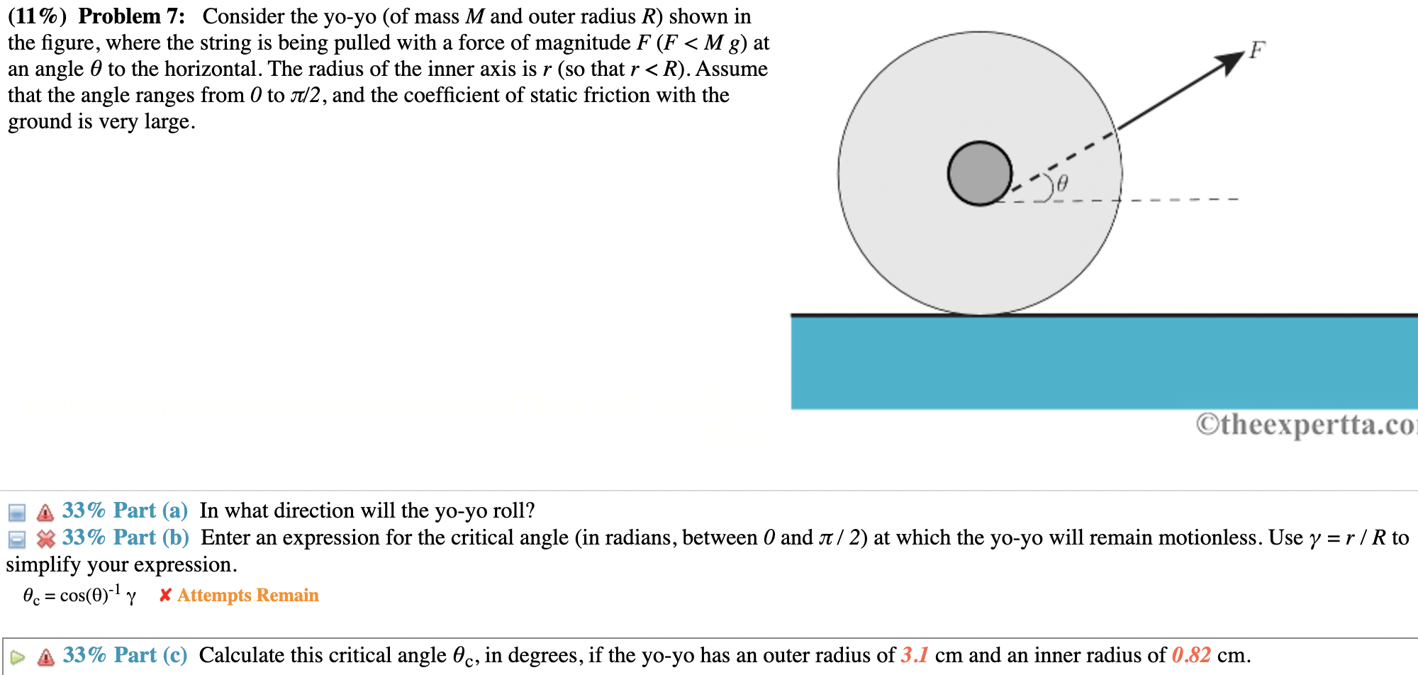 11 Problem 7 Consider The Yo Yo Of Mass M And Outer Radius R Shown In The Figure Where The String Is Being Pulled 1