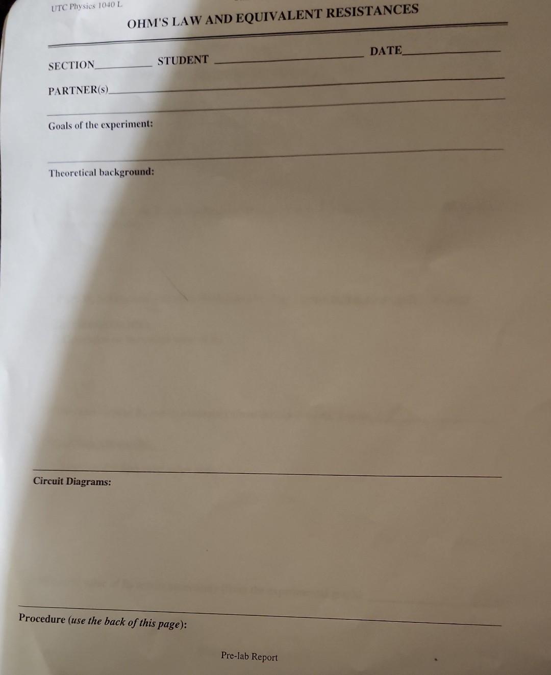 Utc Physics 1040 L Section Partner S Ohm S Law And Equivalent Resistances Goals Of The Experiment Theoretical Backgrou 1