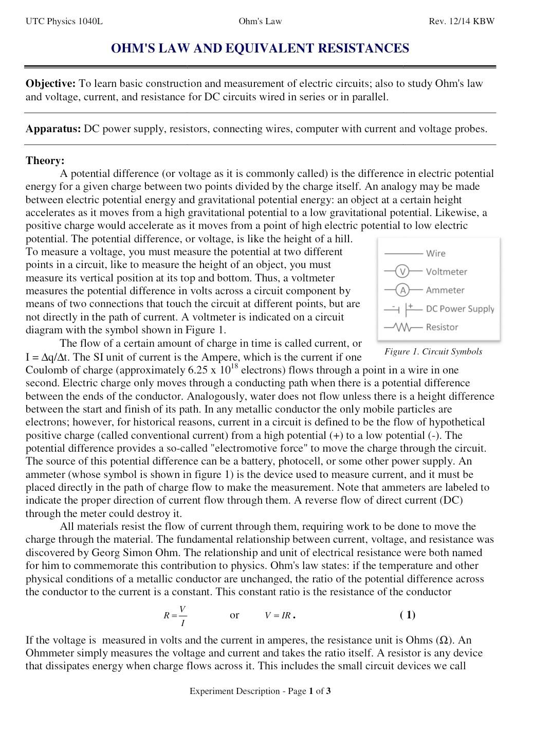 Utc Physics 1040 L Section Partner S Ohm S Law And Equivalent Resistances Goals Of The Experiment Theoretical Backgrou 2