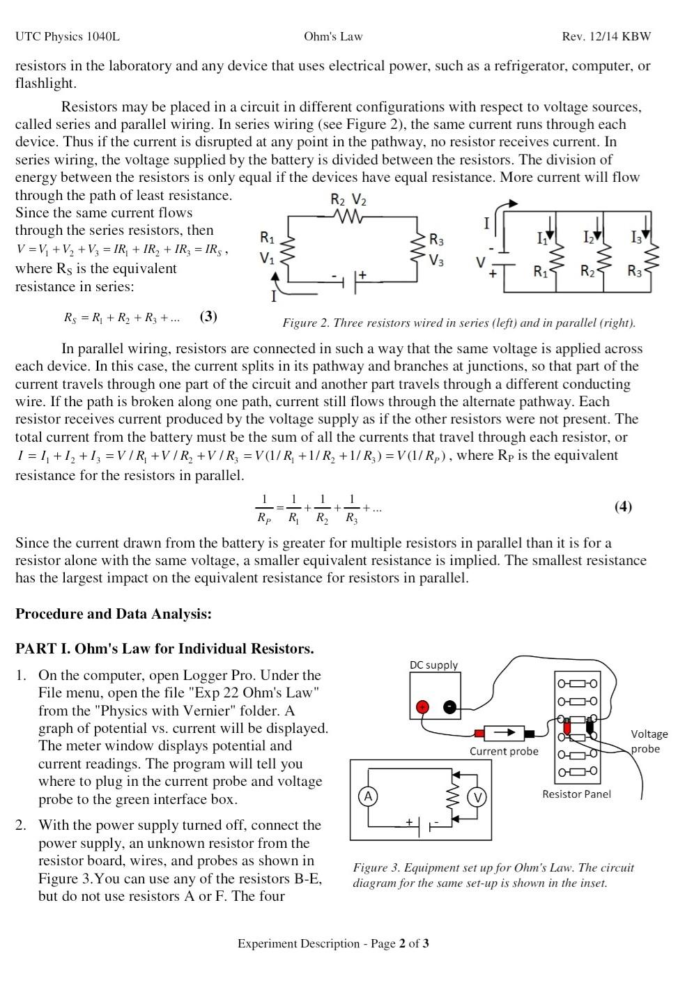 Utc Physics 1040 L Section Partner S Ohm S Law And Equivalent Resistances Goals Of The Experiment Theoretical Backgrou 3