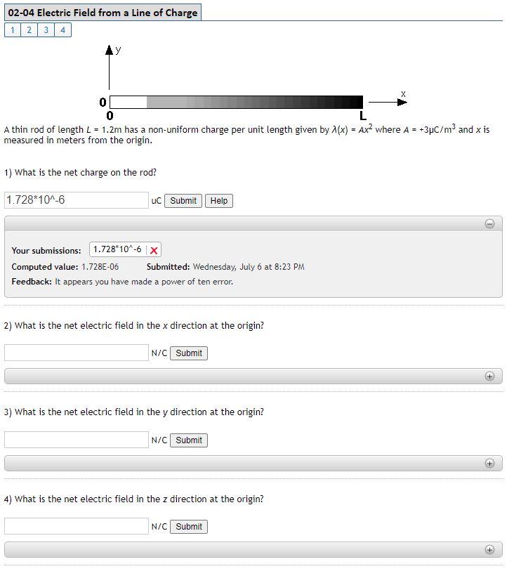 02 04 Electric Field From A Line Of Charge 1 2 3 4 0 0 L A Thin Rod Of Length L 1 2m Has A Non Uniform Charge Per Unit 1
