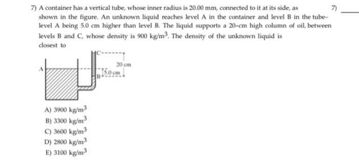 7 A Container Has A Vertical Tube Whose Inner Radius Is 20 00 Mm Connected To It At Its Side As Shown In The Figure 1
