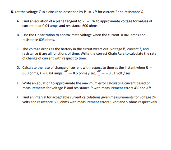 8 Let The Voltage V In A Circuit Be Described By V Ir For Current I And Resistance R A Find An Equation Of A Plane 1