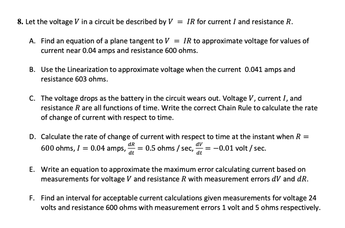 8 Let The Voltage V In A Circuit Be Described By Ir For Current I And Resistance R A Find An Equation Of A Plane Ta 1
