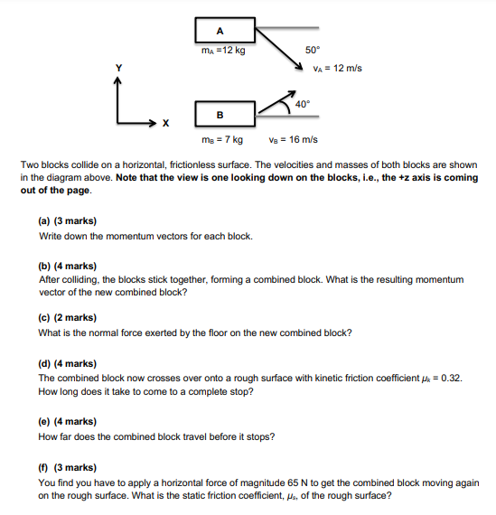 A M 12 Kg B A 3 Marks Write Down The Momentum Vectors For Each Block 50 40 Mg 7 Kg Va 16 M S Two Blocks Co 1