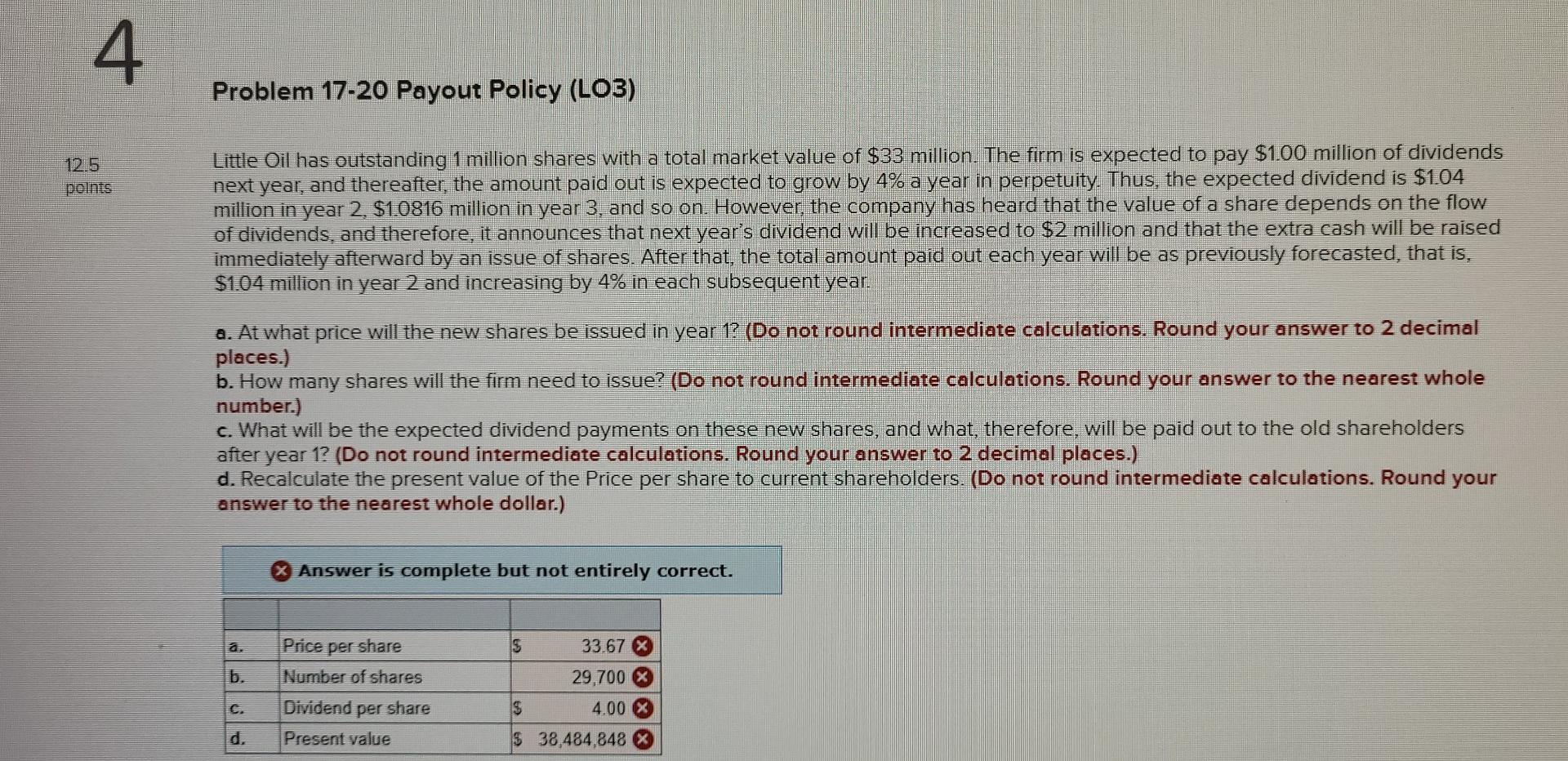 4 Problem 17 20 Payout Policy L03 12 5 Polnts Little Oil Has Outstanding 1 Million Shares With A Total Market Value Of 1